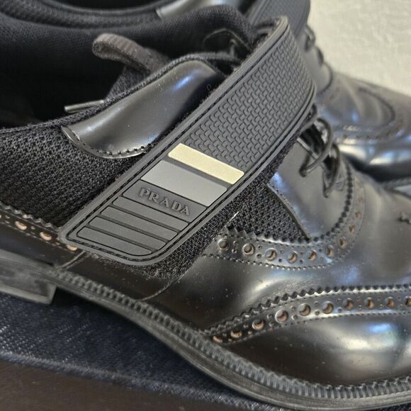 PRADA Black Leather Hook & Loop Men's Wingtin Brogues Oxfords Italy 12US - Picture 3 of 11